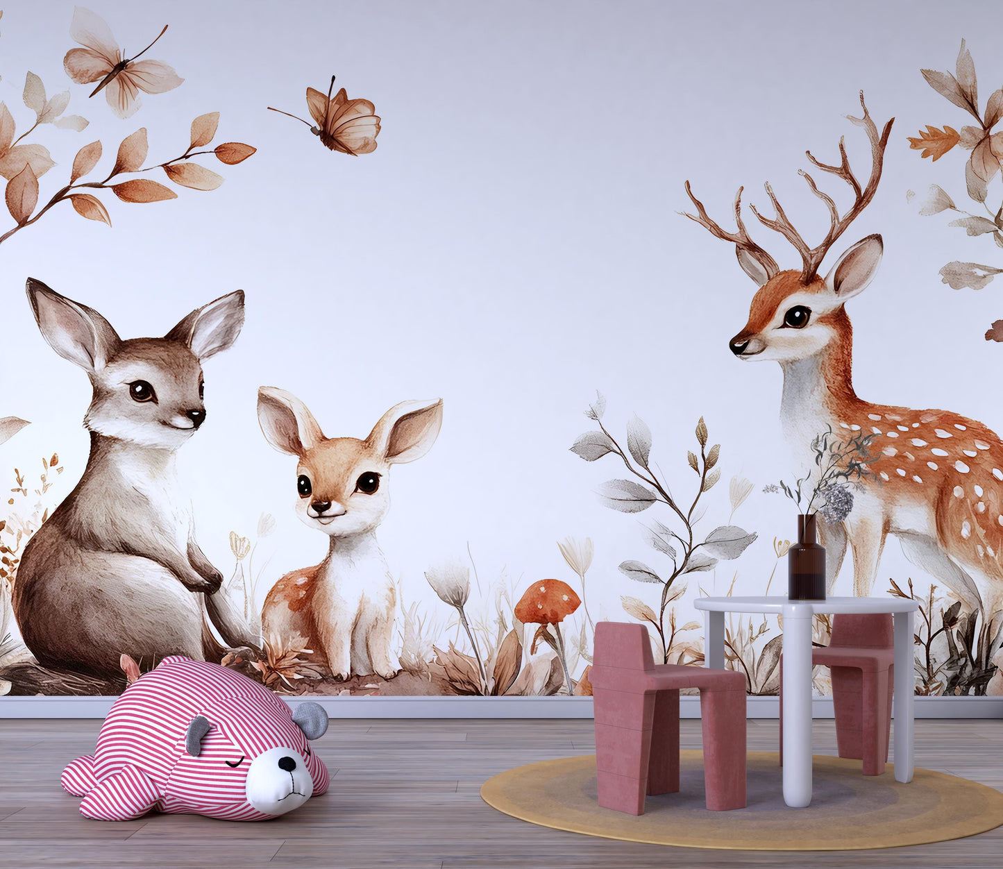 Woodland Deer Nursery Wall Mural, Baby Forest Animal Wallpaper, Neutral Nature Kids Room Decor Vn344