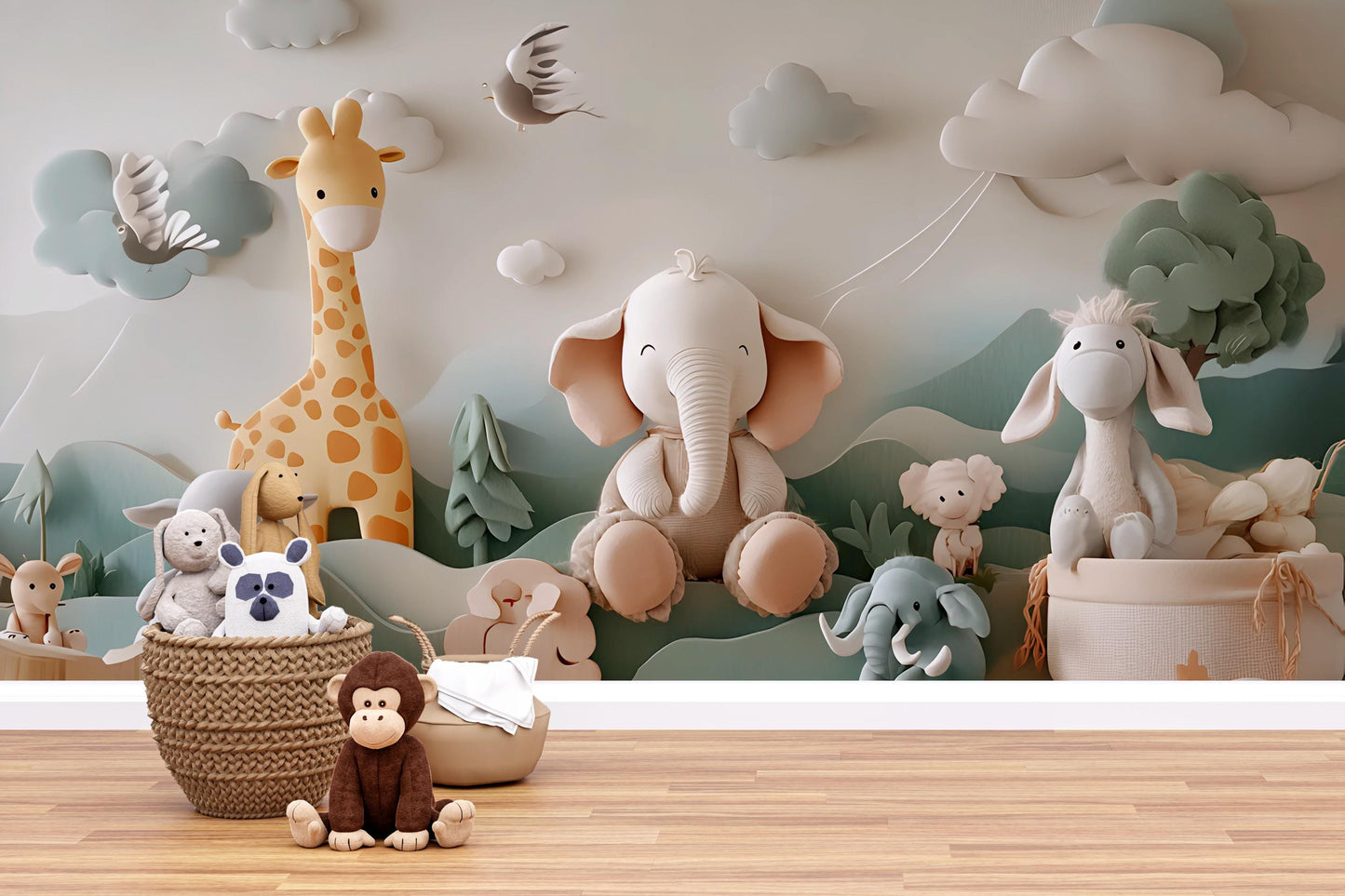Safari Animal Nursery Wall Art - Jungle Theme Kids Room Decor - Elephant Giraffe Baby Wallpaper Vn 295
