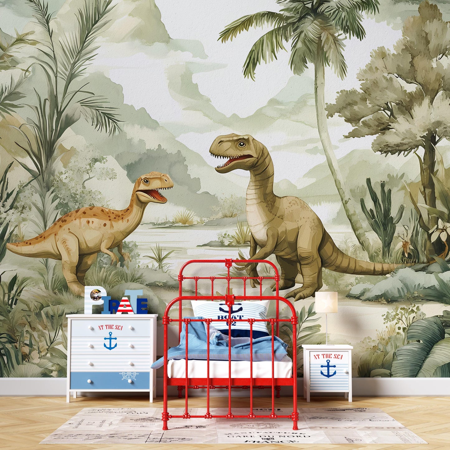 Dinosaur Jungle Wallpaper Mural for Kids Room – Boys Bedroom Decor with T-Rex & Raptor – Wall Art Vn005