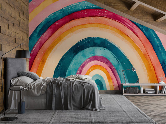 Colorful Watercolor Rainbow Wall Mural β Modern Geometric Bedroom Accent β Peel and Stick or Traditional Wallpaper Vn397