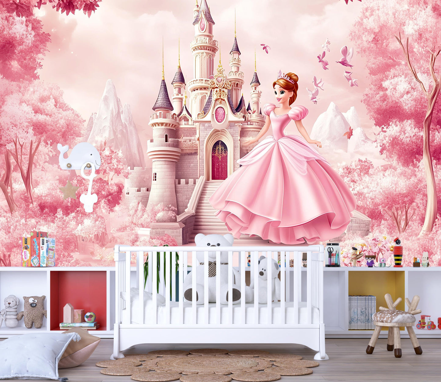 Princess Castle Wall Mural for Girls Room – Pink Fairy Tale Wallpaper with Princess – Kids Bedroom Decor, Nursery Wall Art Vn357