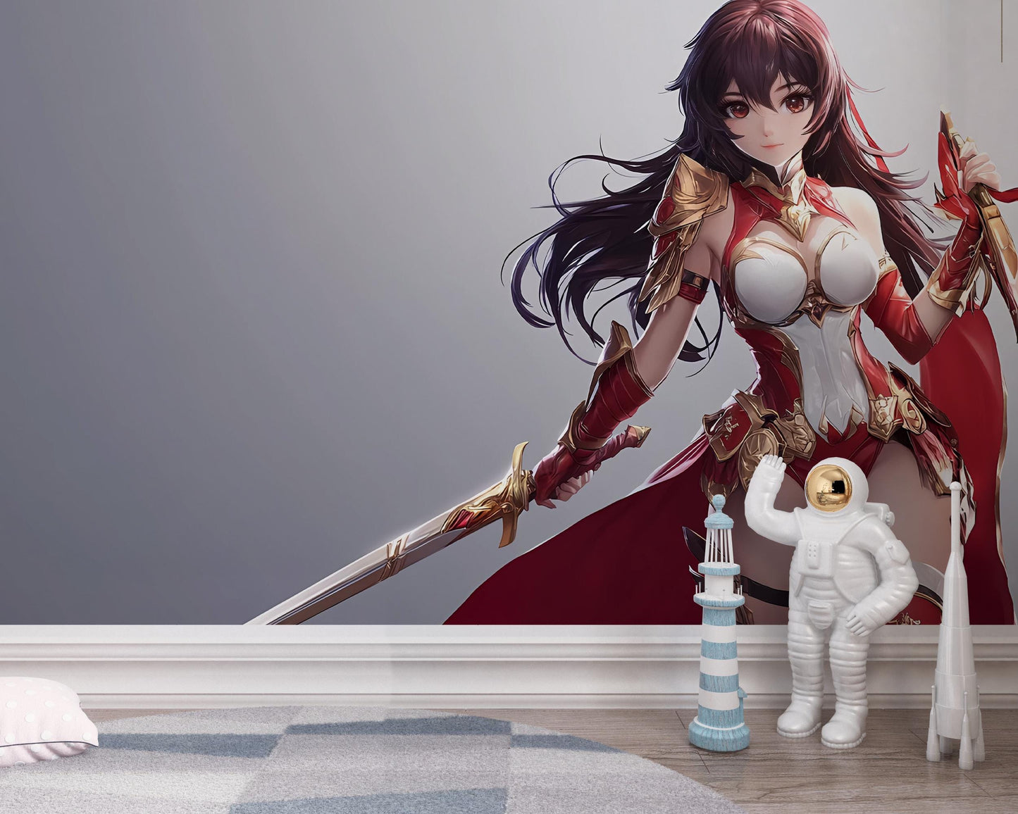 Anime Warrior Girl Wall Mural – Red Armor Fantasy Art for Kids Room, Teen Bedroom Decor, Gamer Wall Poster Vn361