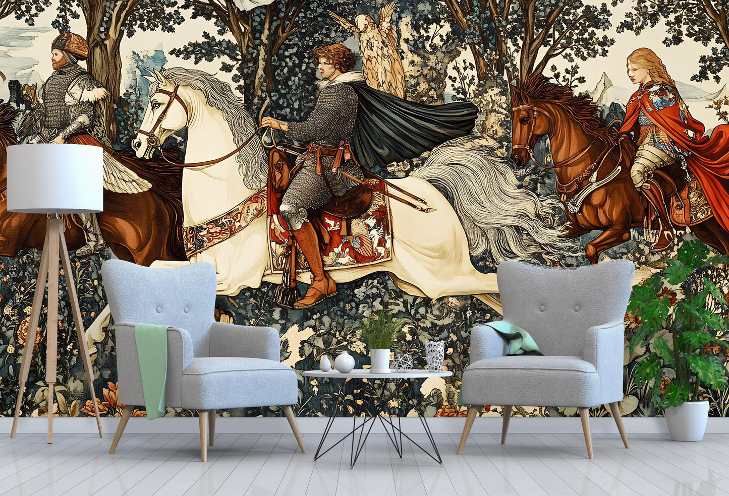 Medieval Knight Wall Mural | Tapestry-Style Art Wallpaper | Historical Horsemen Scene for Bedroom or Living Room Decor Vn187