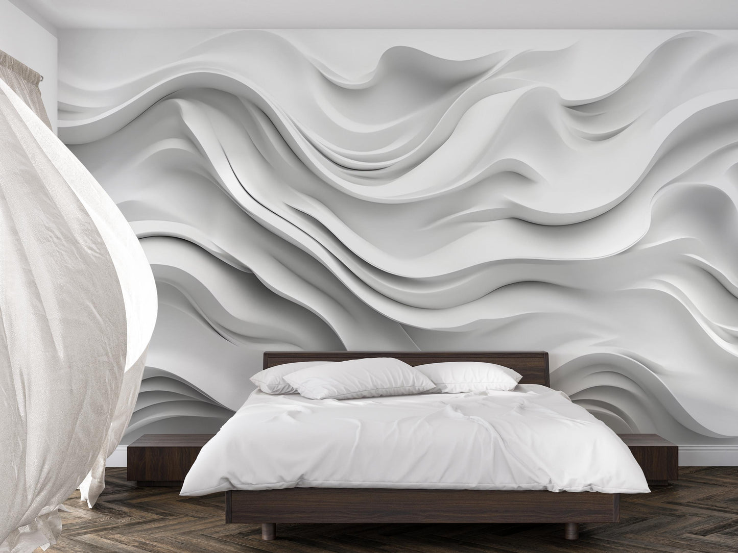 3D Abstract Wave Wall Mural – White Textured Wallpaper for Bedroom – Modern Minimalist Large Wall Art – Peel & Stick or Paste Vn236