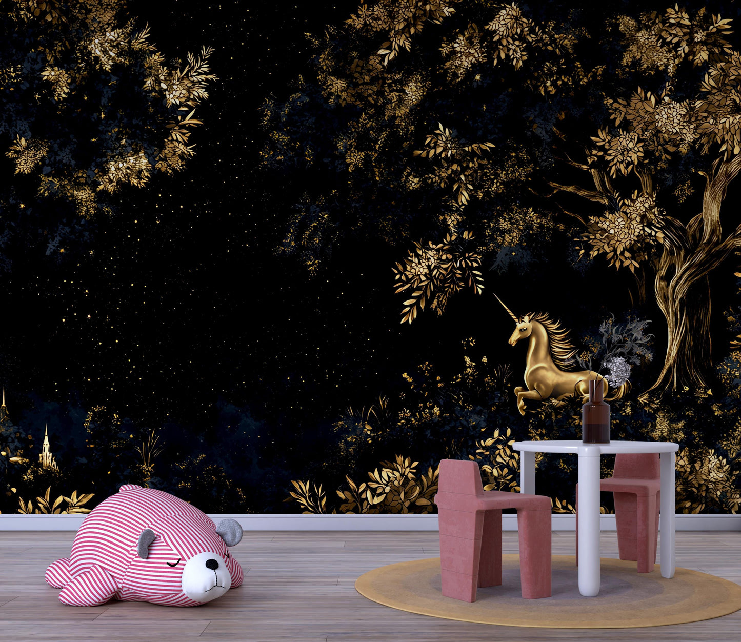 Magical Unicorn Forest Mural Wallpaper – Kids Room Dark Gold Fantasy Wall Art Vn179