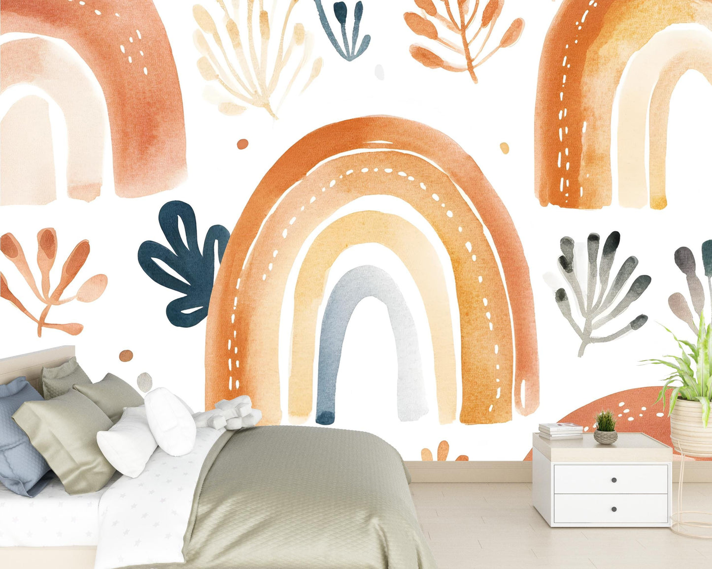 Boho Rainbow Wall Mural | Watercolor Arch Wallpaper | Kids Room Decor | Modern Boho Nursery Wall Art | Removable Peel & Stick Vn396