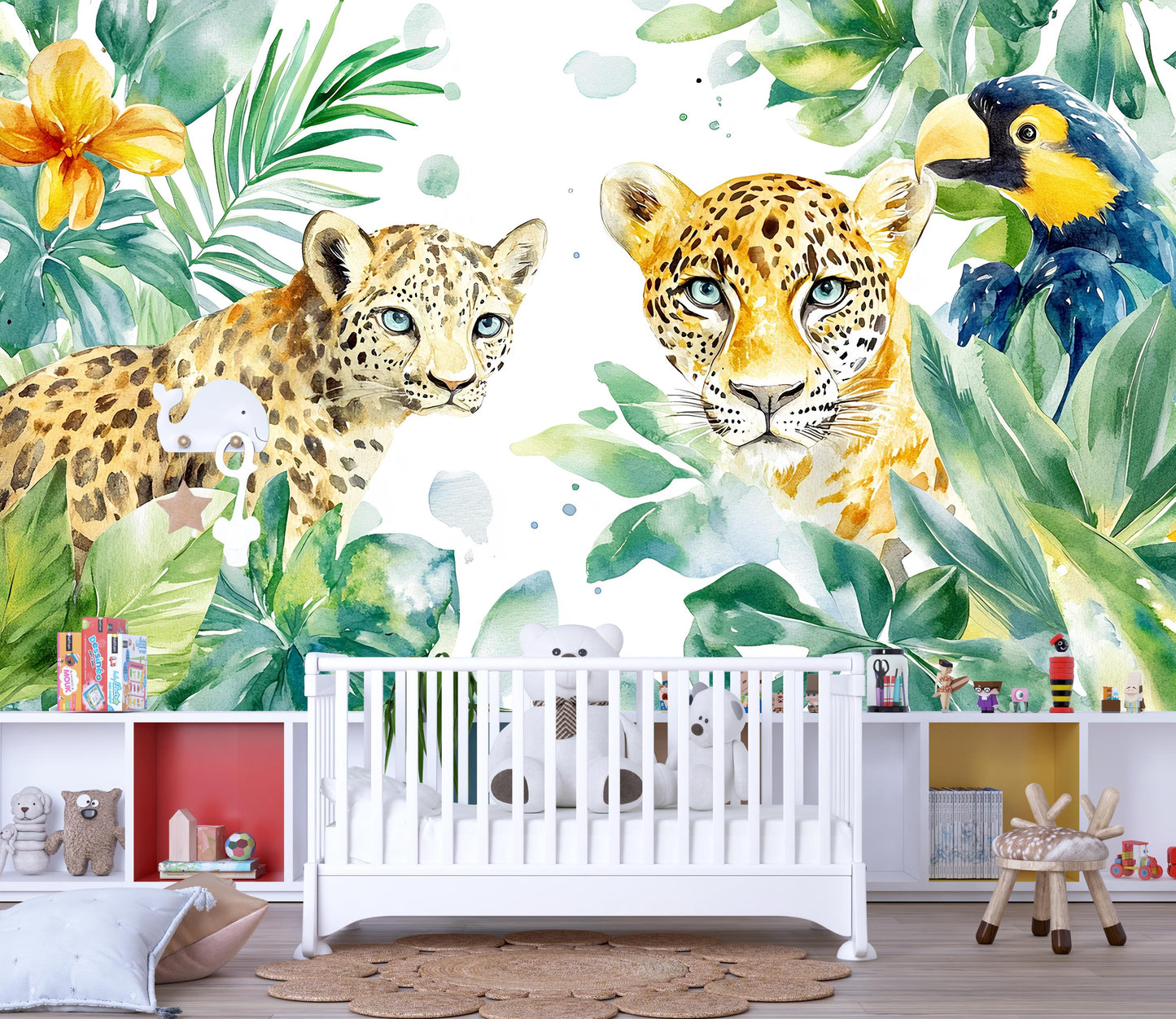 Safari Jungle Wall Mural - Baby Room Leopard Wallpaper - Tropical Animal Nursery Decor Vn338