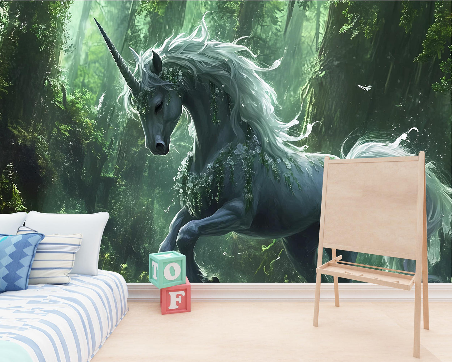 Magical Unicorn Forest Nursery Wall Mural – Fantasy Woodland Baby Room Decor, Fairy Tale Animal Wallpaper for Kids Vn 302