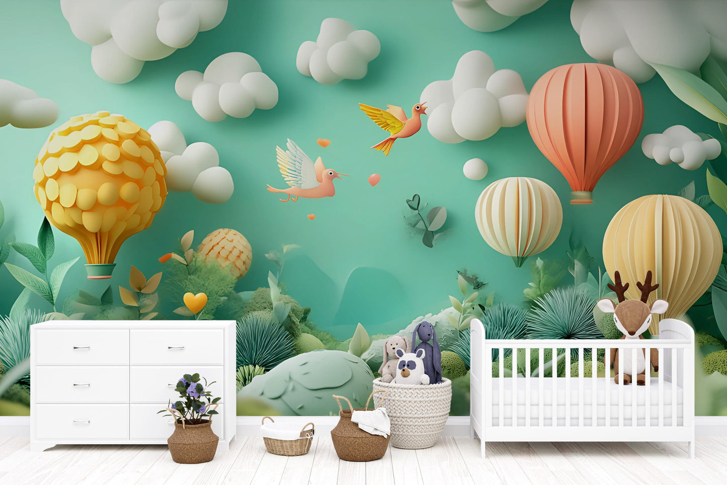 Whimsical Hot Air Balloon Kids Wall Mural – Colorful Nursery Wallpaper – 3D Cartoon Nature Scene – Peel and Stick Mural Vn324