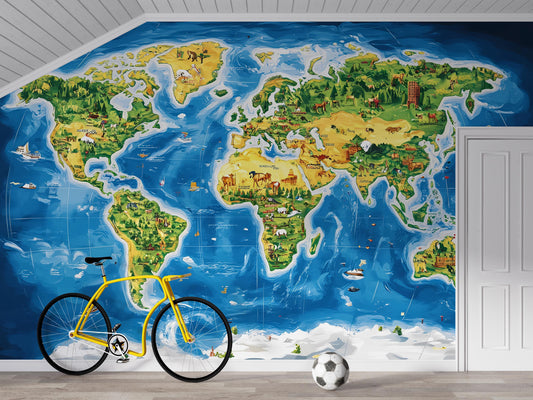 Colorful World Map Mural for Kids Room β Educational Animal & Landmark Wallpaper β Large Wall Art DΓ©cor for Nursery or Playroom Vn417