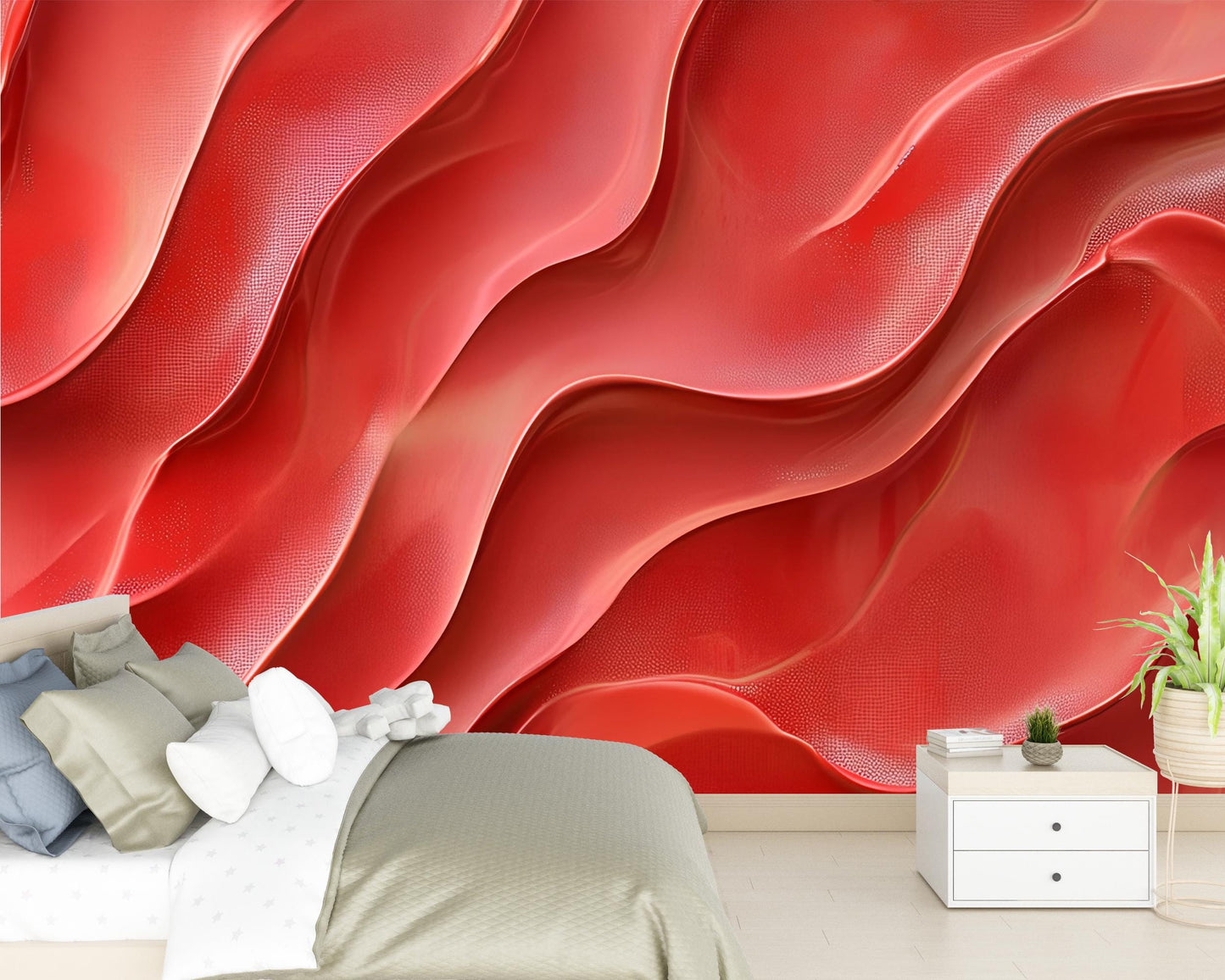 Red Wave 3D Wall Mural | Modern Abstract Wallpaper | Bold Red Accent Wall Art | Bedroom Living Room Decor Vn237
