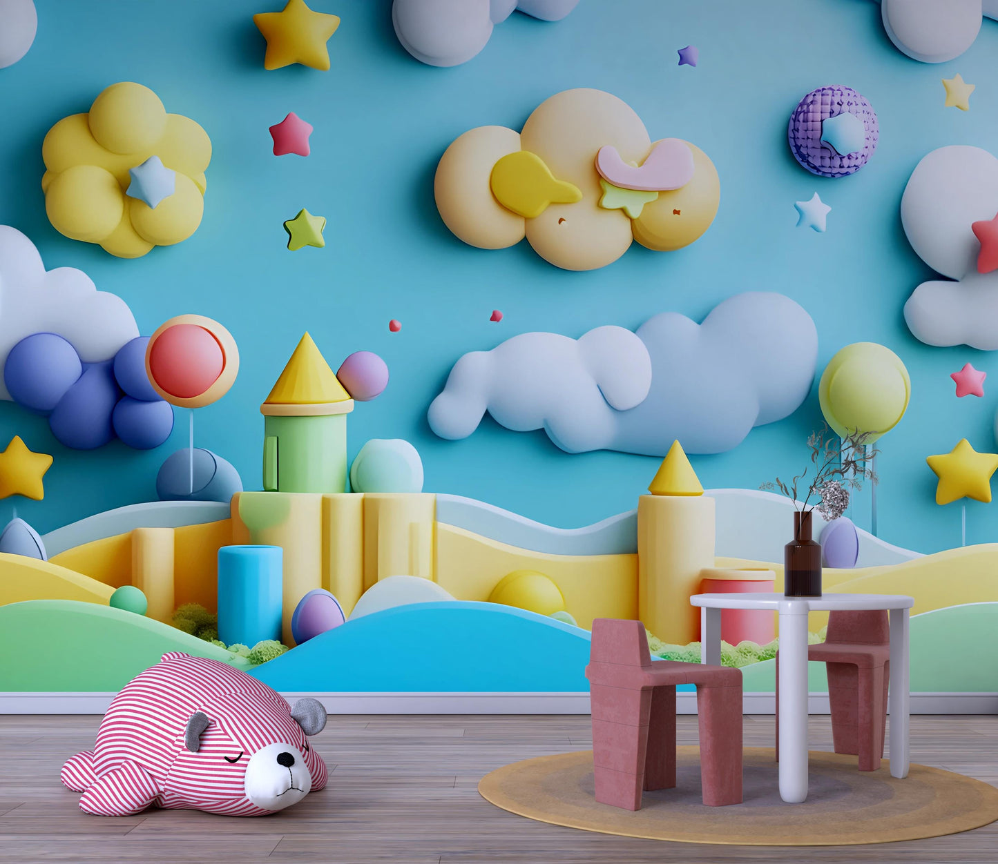 Whimsical Kids Room Wall Mural | 3D Cloud Star Castle Wallpaper | Colorful Nursery Decor | Fantasy Playroom Art Print Vn330