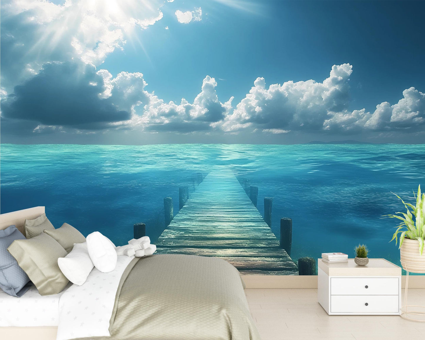 Ocean Dock Wall Mural – Tranquil Seascape Wallpaper for Bedroom, 3D Pier to Horizon, Beach Scene Wall Art, Coastal Home Decor Vn287