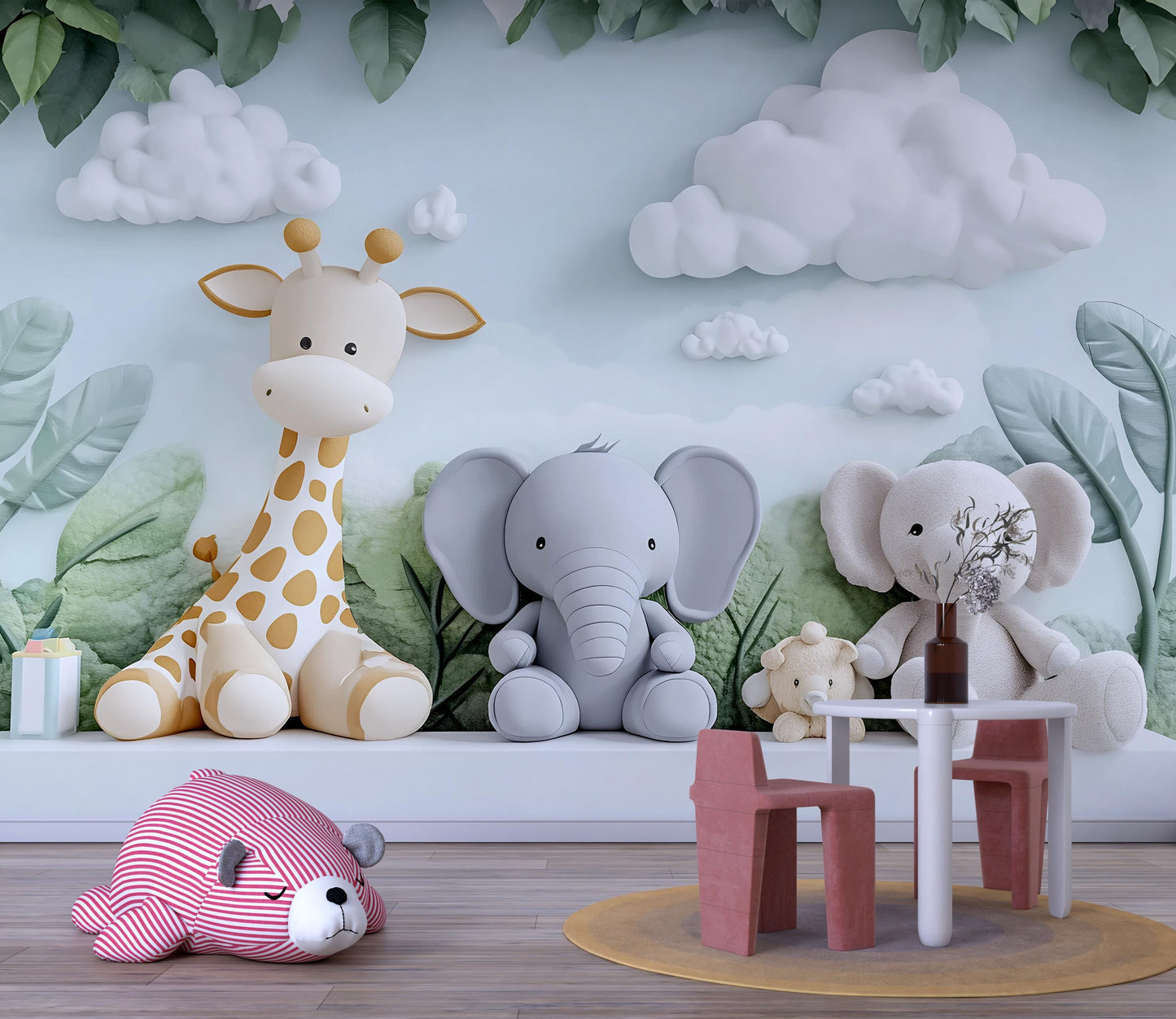Safari Nursery Wall Art, Jungle Animal Mural Wallpaper, Giraffe Elephant Baby Room Decor, Cute Animal Wall Decal Vn432