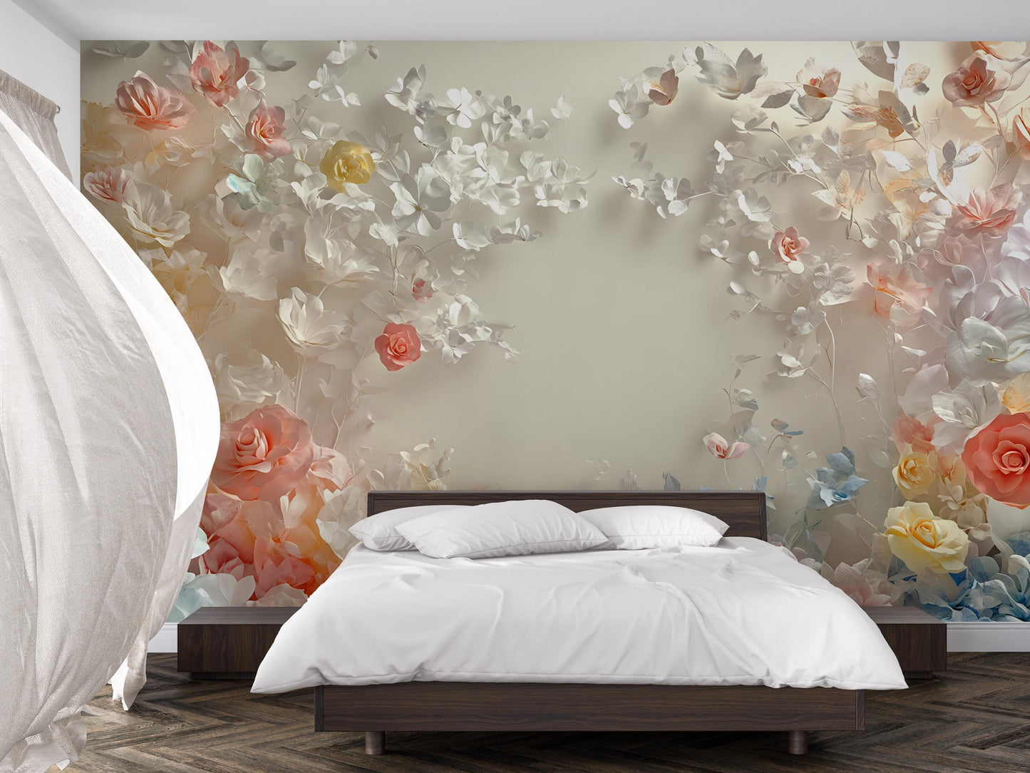 Romantic 3D Floral Wall Mural – Elegant Rose Flower Bedroom Wallpaper Vn469