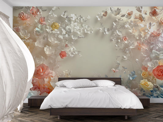 Romantic 3D Floral Wall Mural β Elegant Rose Flower Bedroom Wallpaper Vn469