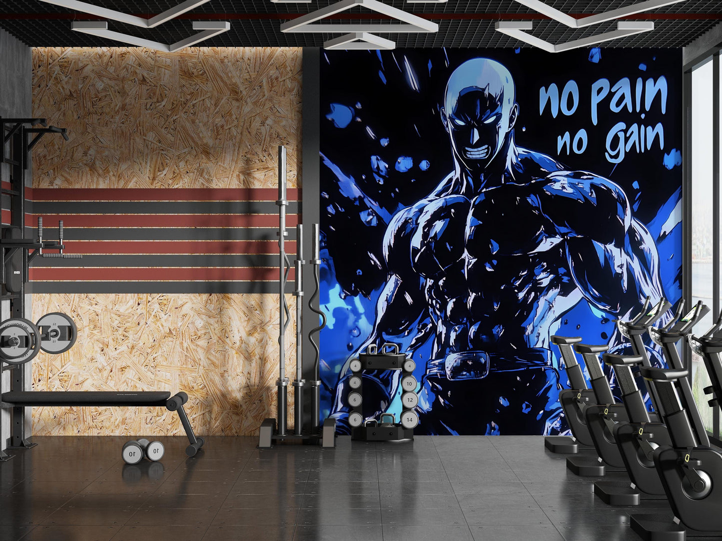 Anime Gym Wall Art Poster - "No Pain No Gain" Motivational Decor - Muscle Hero Fitness Room Mural Vn141