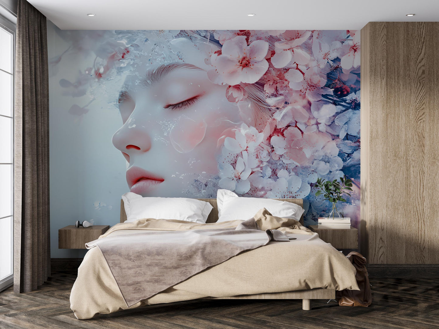 Floral Dream Face Wall Mural – Soft Feminine Art Mural for Bedroom or Studio, Cherry Blossom Fantasy Aesthetic Wall Decor Vn264