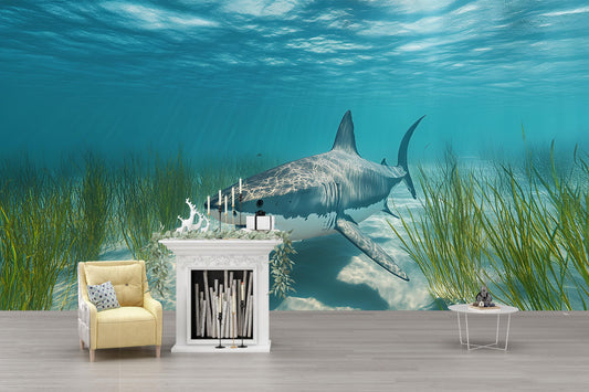 Underwater Shark Wall Mural – Realistic Ocean Wallpaper with Great White Shark – 3D Ocean Scene Accent Wall Vn385