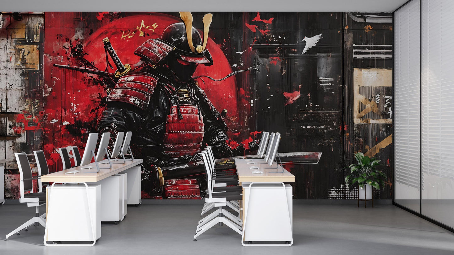 Modern Samurai Wall Mural - Bold Japanese Warrior Art for Office Decor | Red and Black Street Art Style Samurai Canvas Vn201
