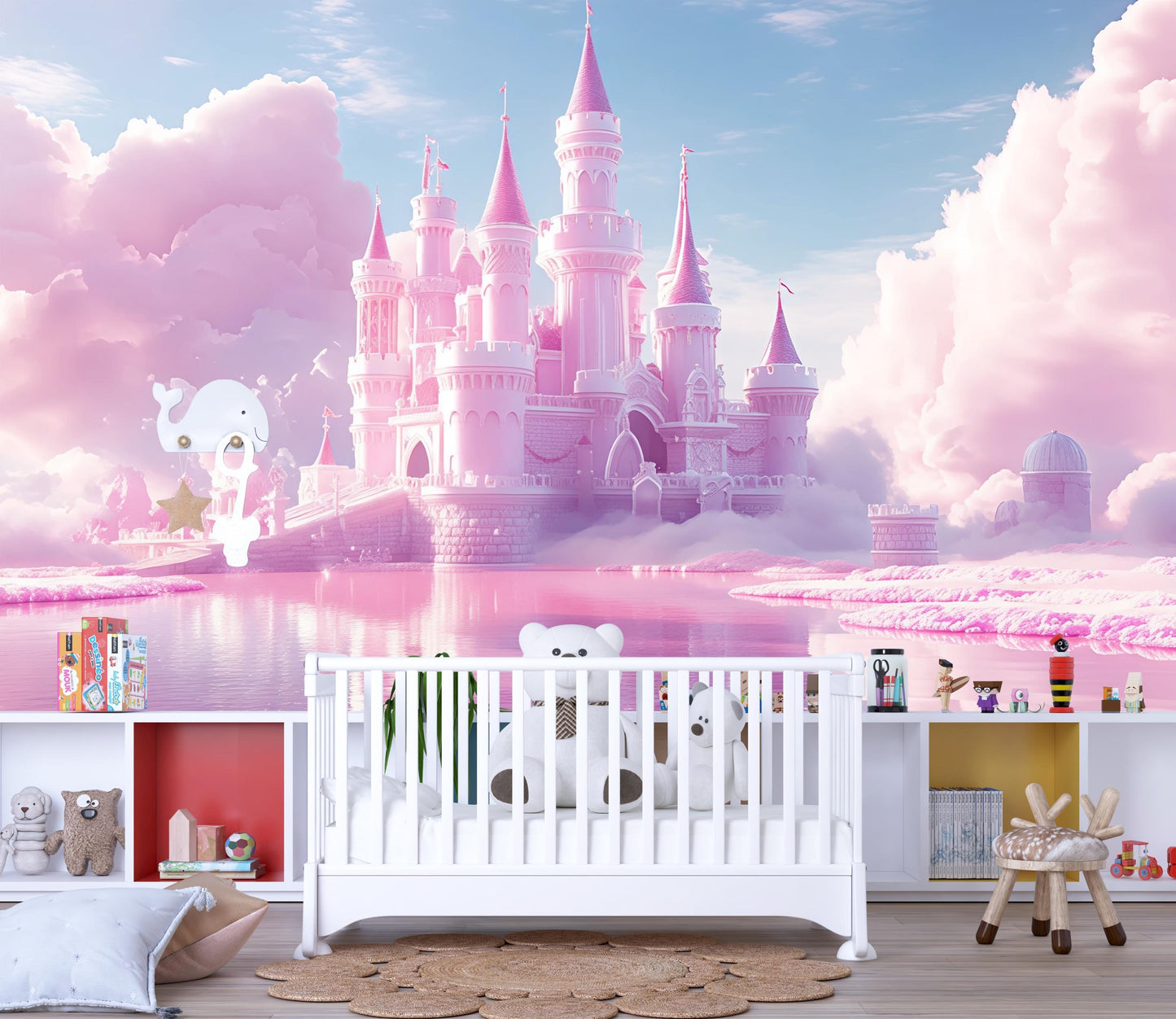 Pink Princess Castle Wall Mural for Kids Room – Fantasy Fairytale Wallpaper for Girls Bedroom Nursery – Magical Dreamland Decor Vn358