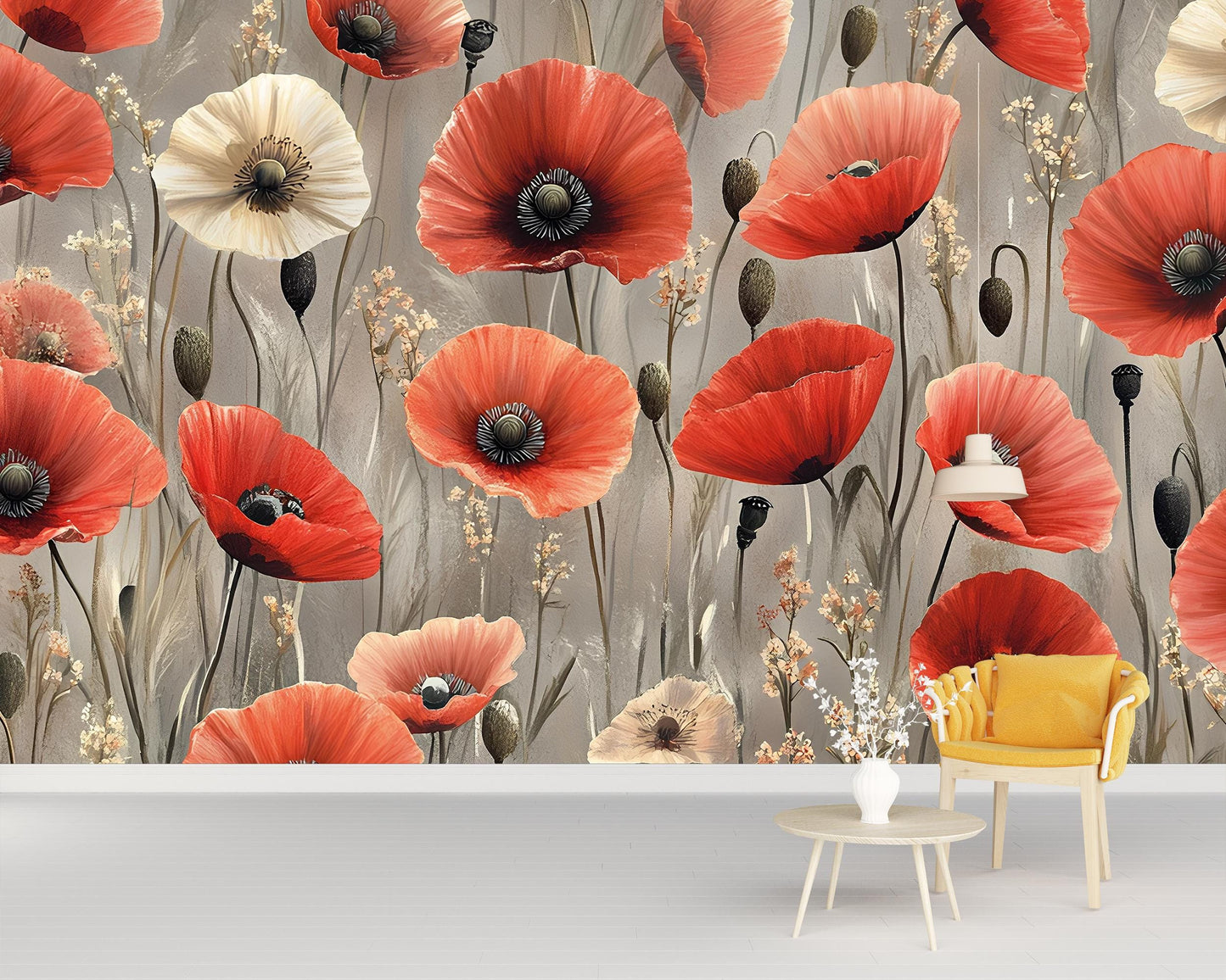 Poppy Flower Wall Mural – Red & Beige Floral Wallpaper – Modern Botanical Wall Art Vn328