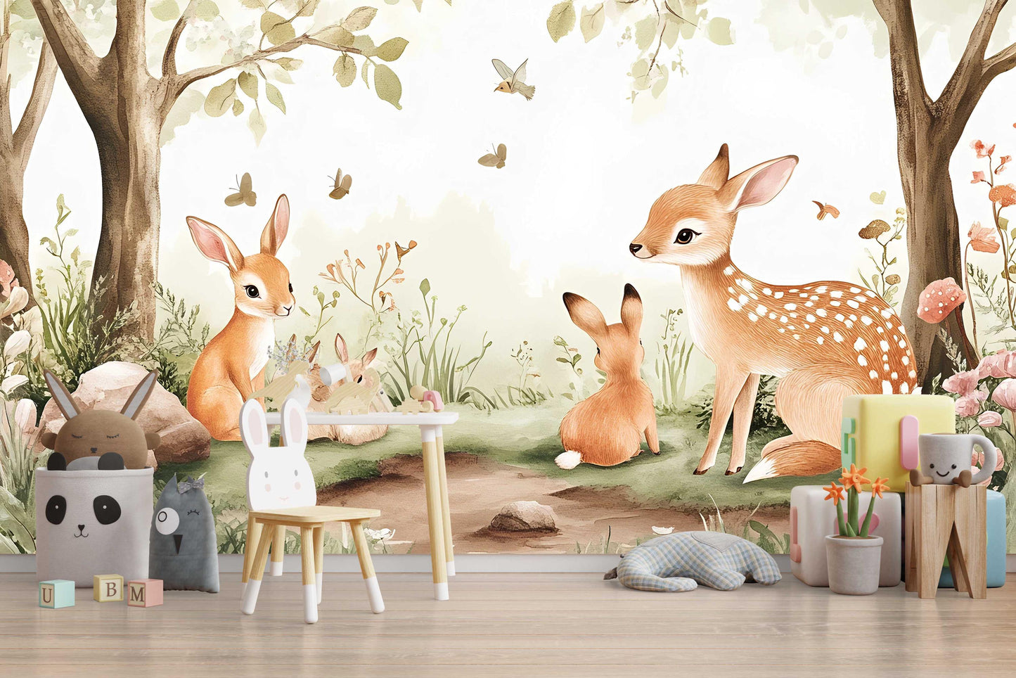 Woodland Animal Nursery Wall Mural – Cute Deer, Bunnies & Forest Scene Wallpaper for Baby Room, Gender Neutral Nursery Decor Vn449