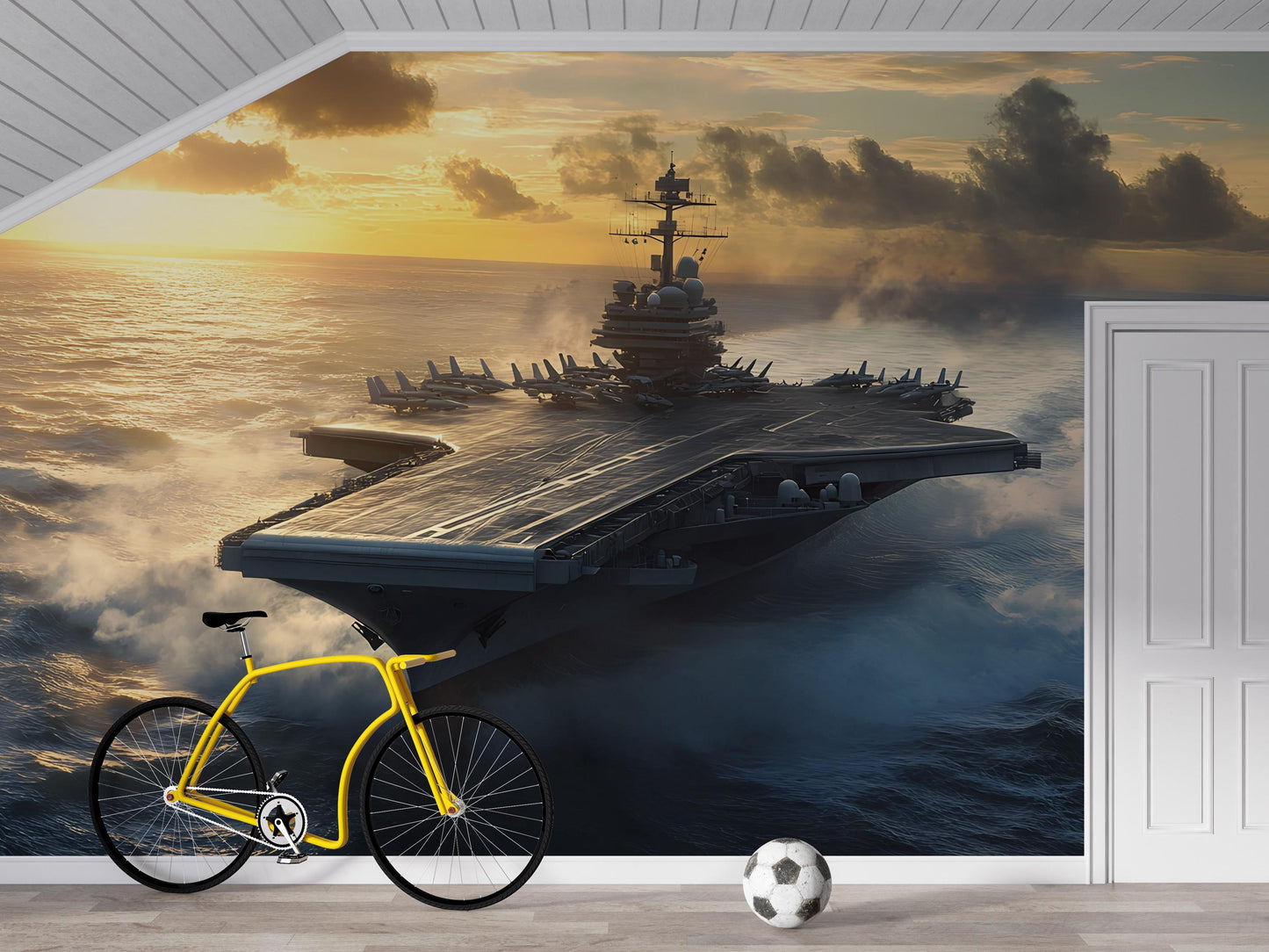 Aircraft Carrier Wall Mural | Navy Ship Ocean Sunset Wallpaper | Boys Military Bedroom Decor | Cool Warship Wall Art for Kids Room Vn464