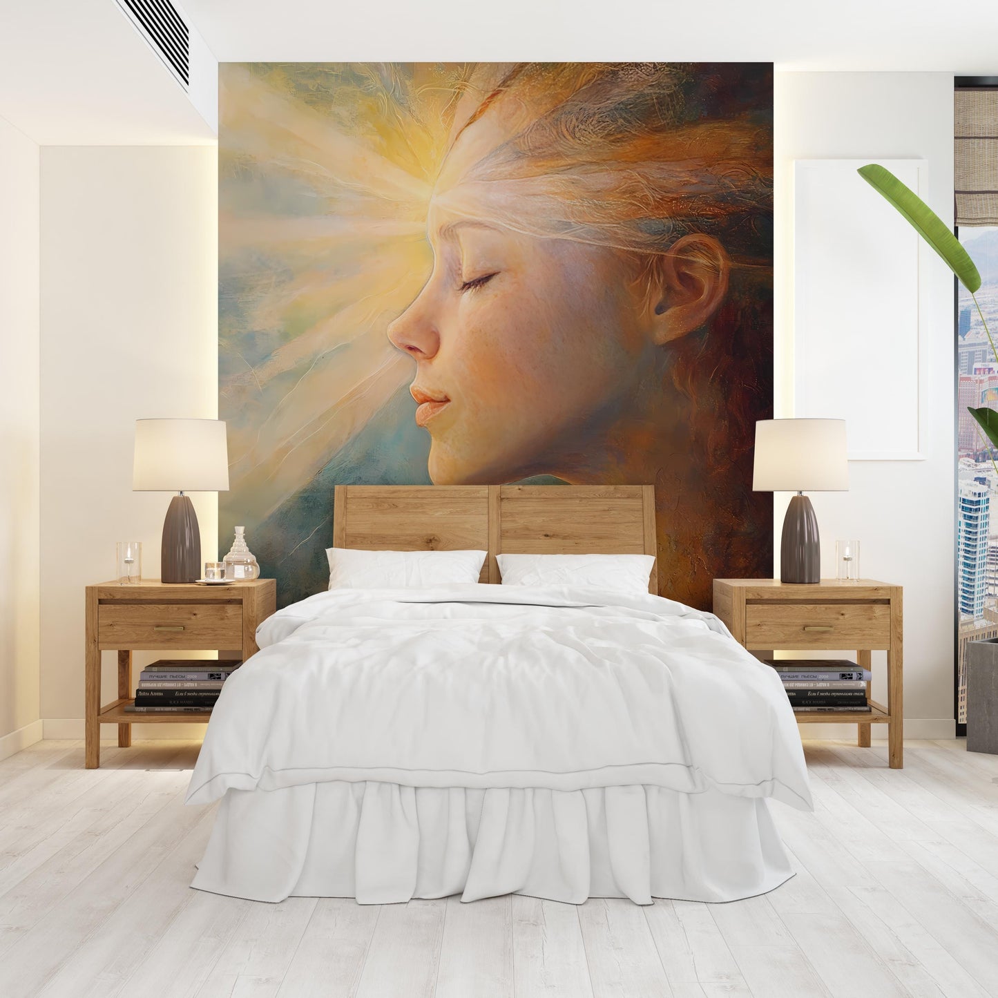 Large Dreamy Wall Mural of Woman’s Face with Radiant Light – Serene Feminine Art for Bedroom, Meditation Room, or Spa Decor Vn101