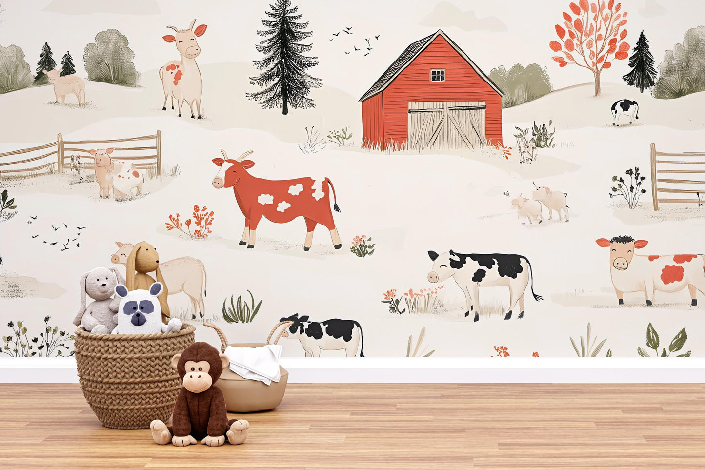 Farm Animal Wall Mural for Kids Room – Cute Cow Barn Nursery Wallpaper – Removable Playroom Decor – Country Farmhouse Art Vn314