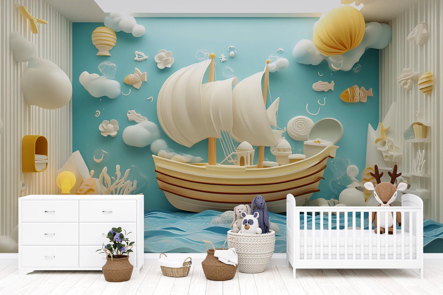 Whimsical Ocean Ship Wall Mural for Kids Room – Nautical 3D Art Print Vn329