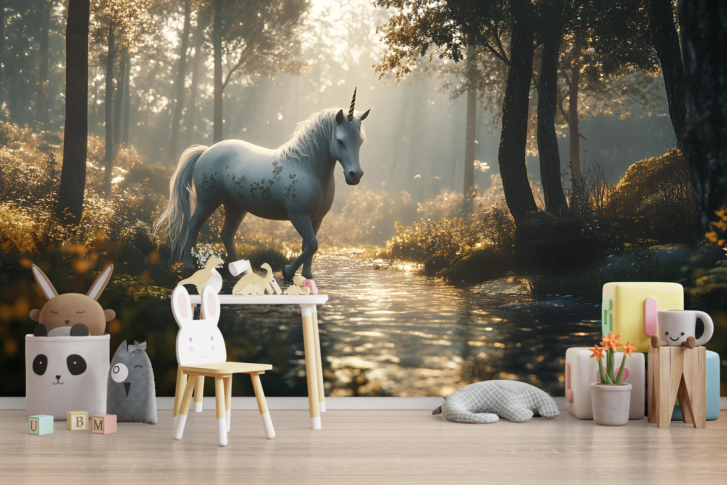 Magical Unicorn Forest Wall Mural for Kids Room | Fantasy Woodland Wallpaper Vn 300