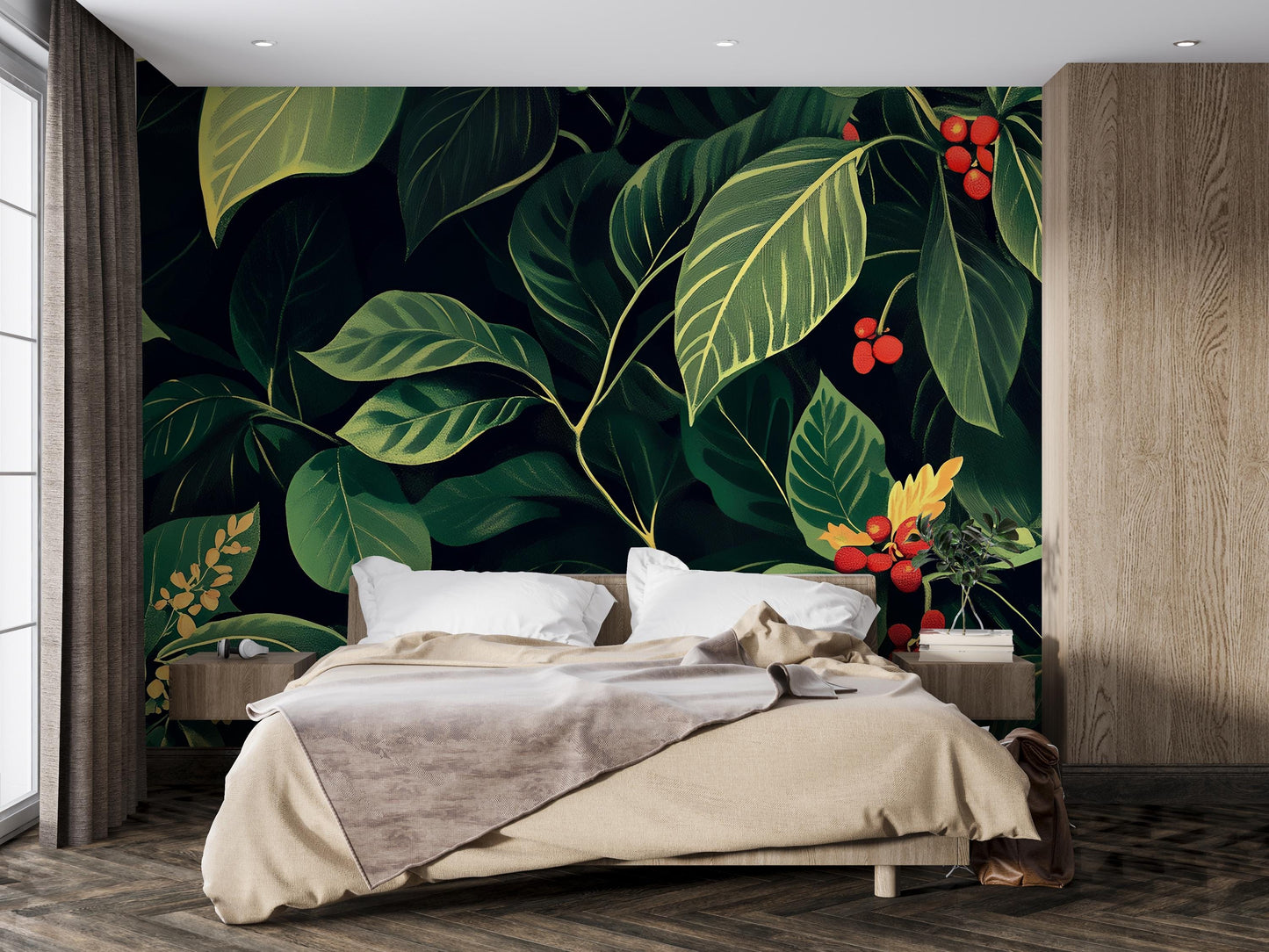 Tropical Botanical Wall Mural – Large Leaf Jungle Wallpaper for Bedroom, Peel and Stick Nature-Inspired Accent Wall Vn206