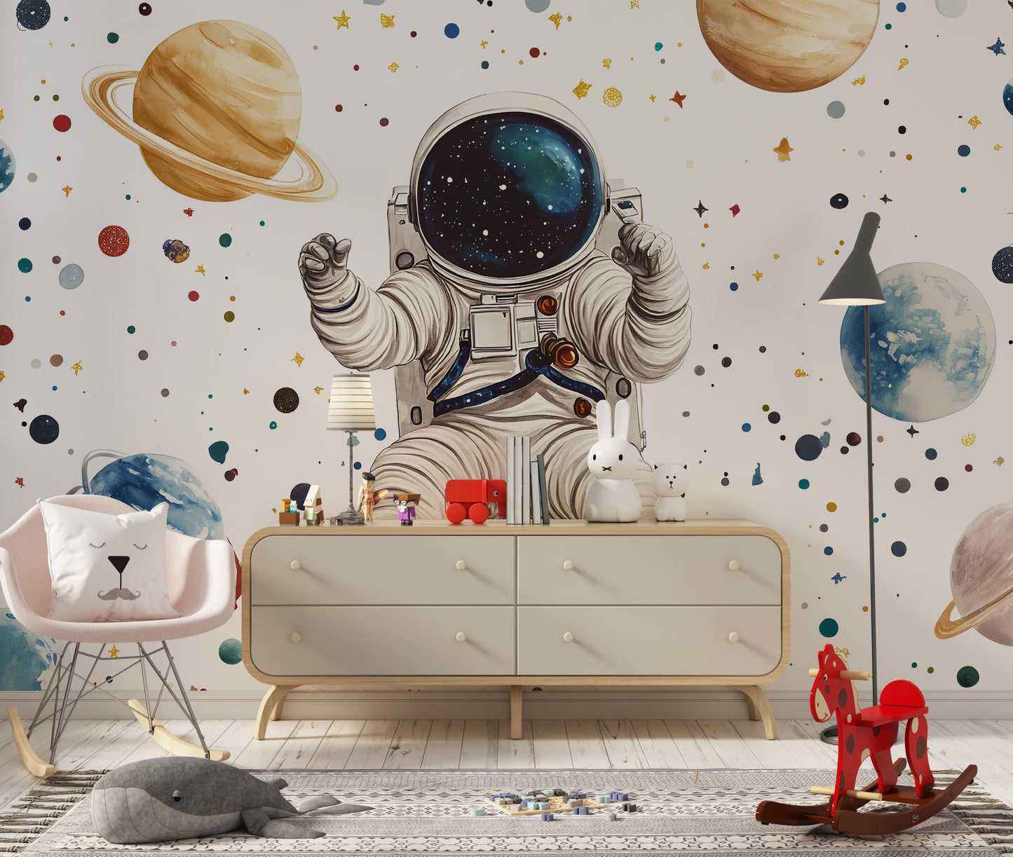 Space Astronaut Wall Mural for Kids Room – Outer Space Planets Galaxy Wallpaper – Nursery Space Theme Decor for Boys or Girls Vn443