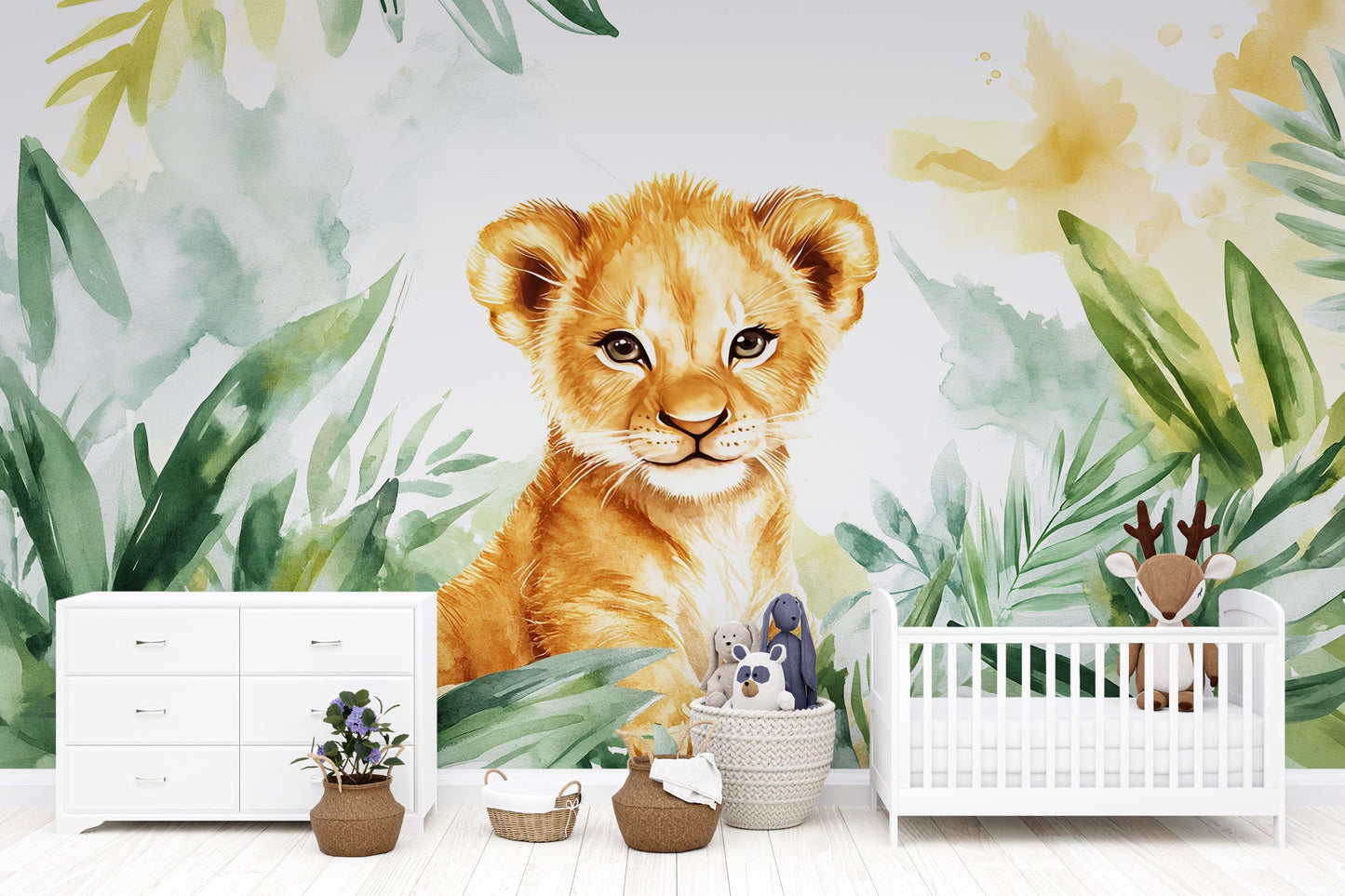 Watercolor Lion Cub Jungle Wall Mural for Kids Room Nursery Safari Animal Wallpaper Vn345