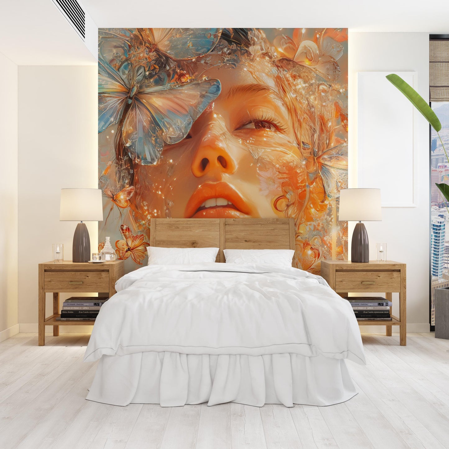 Surreal Butterfly Woman Wall Mural, Dreamy Face Art Print, Bedroom Accent Wall Decor, Modern Feminine Artwork, Large Statement Piece Vn038