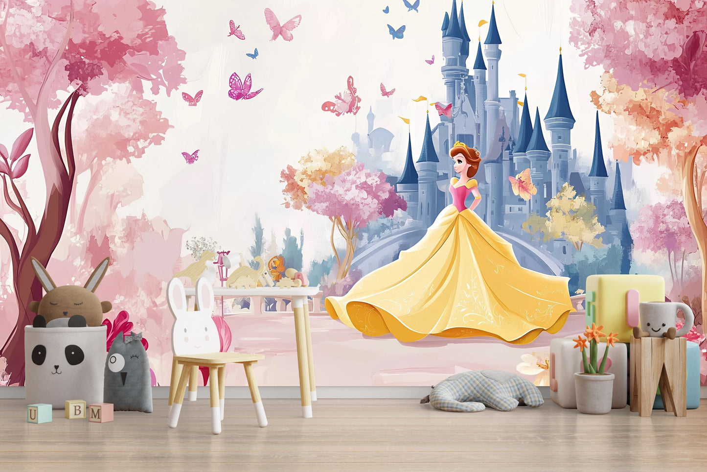 Princess Castle Wall Mural for Girls Room – Fairy Tale Wallpaper with Butterflies & Princess – Removable Kids Room Decor Vn278