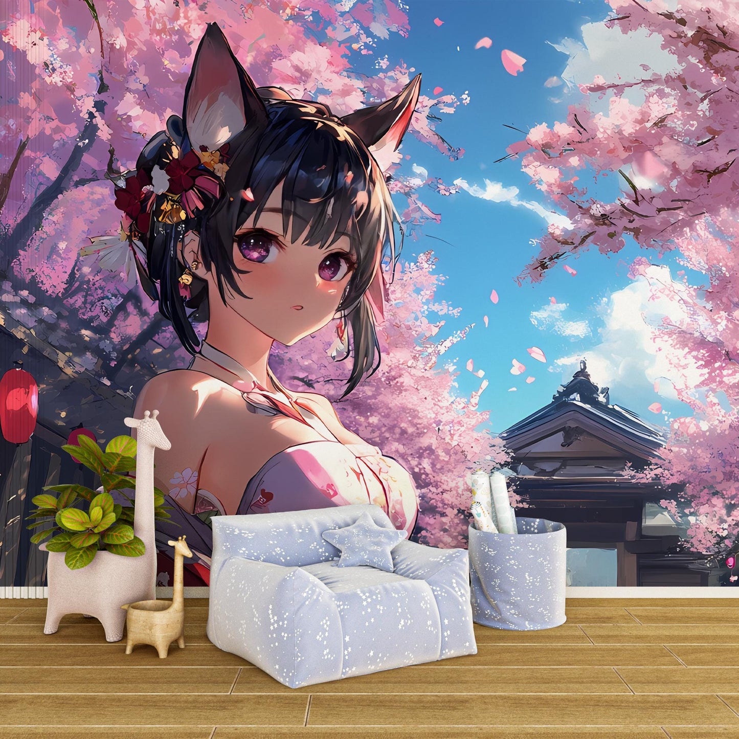 Anime Fox Girl Wall Mural – Cherry Blossom Bedroom Tapestry – Japanese Aesthetic Otaku Decor – Sakura Art Poster Vn030