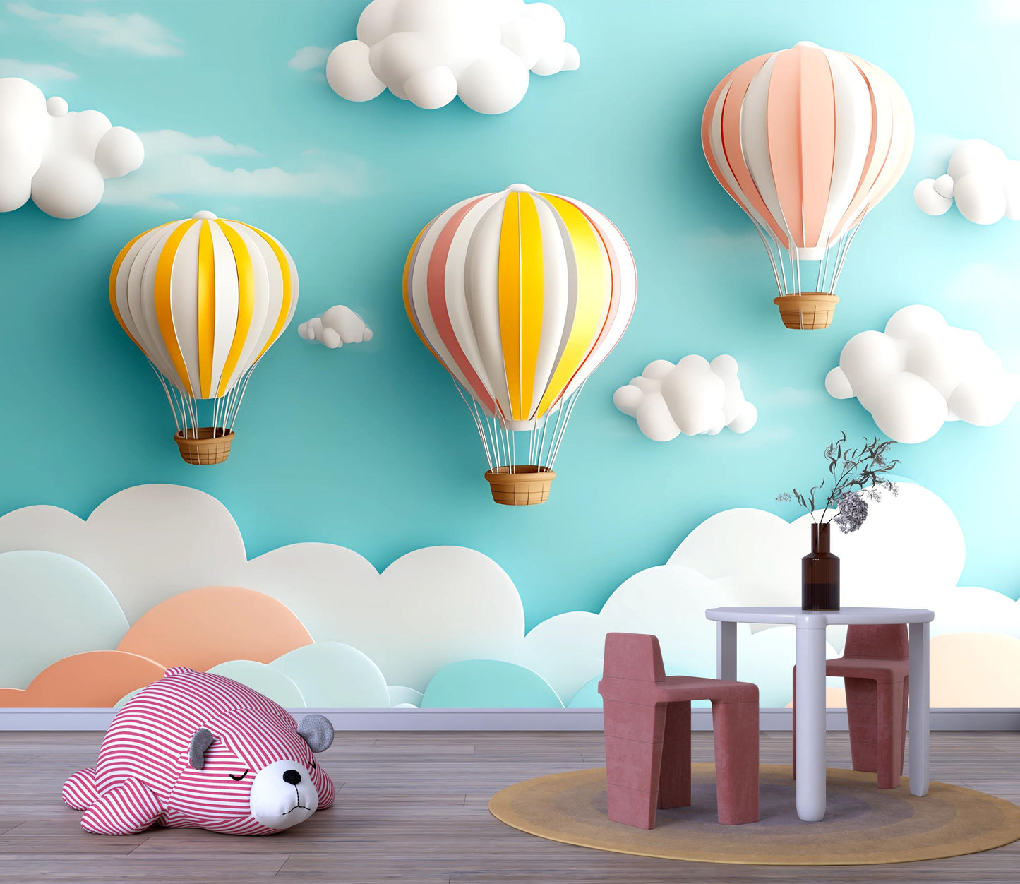 Whimsical Hot Air Balloon Nursery Wall Mural | 3D Cloud Kids Room Decor | Colorful Baby Room Wallpaper | Playroom Backdrop Art Print Vn379