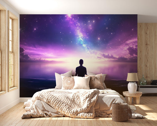 Meditation Galaxy Wall Mural β Purple Cosmic Sunset Sky Tapestry for Bedroom Decor Vn476