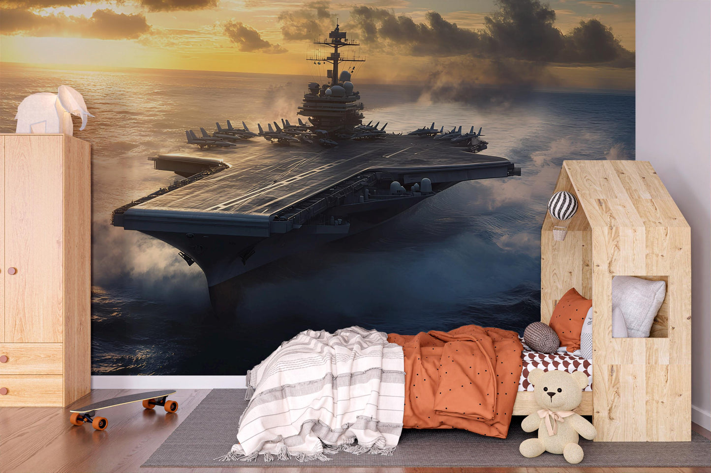 Aircraft Carrier Wall Mural | Navy Ship Ocean Sunset Wallpaper | Boys Military Bedroom Decor | Cool Warship Wall Art for Kids Room Vn464