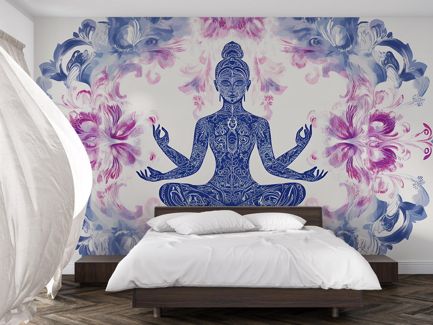 Boho Yoga Wall Mural | Meditating Woman Art | Zen Floral Tapestry for Bedroom Décor Vn481