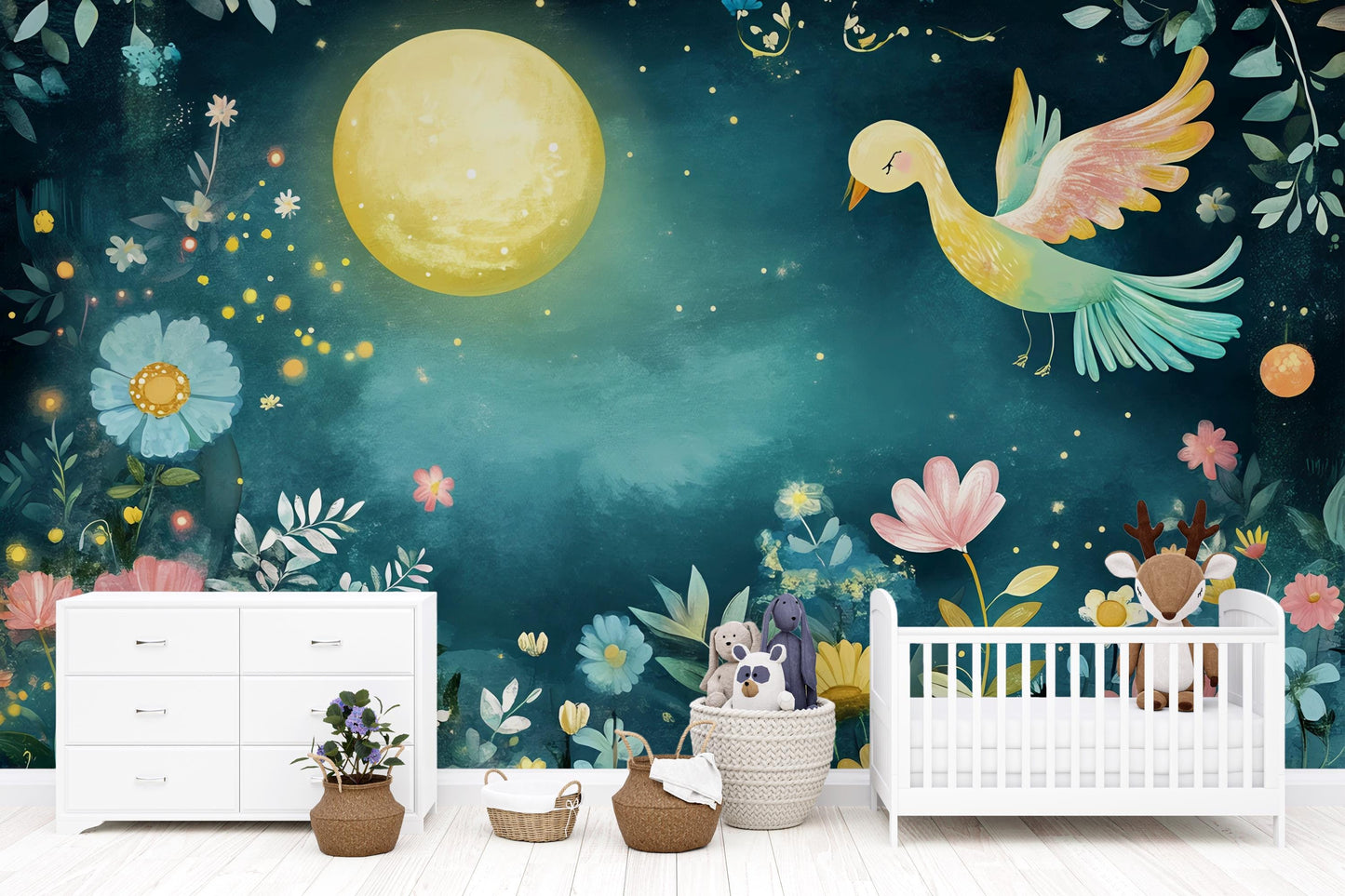 Whimsical Floral Bird Kids Wall Mural – Moonlit Garden Nursery Wallpaper – Colorful Nature Theme Playroom Art Vn434