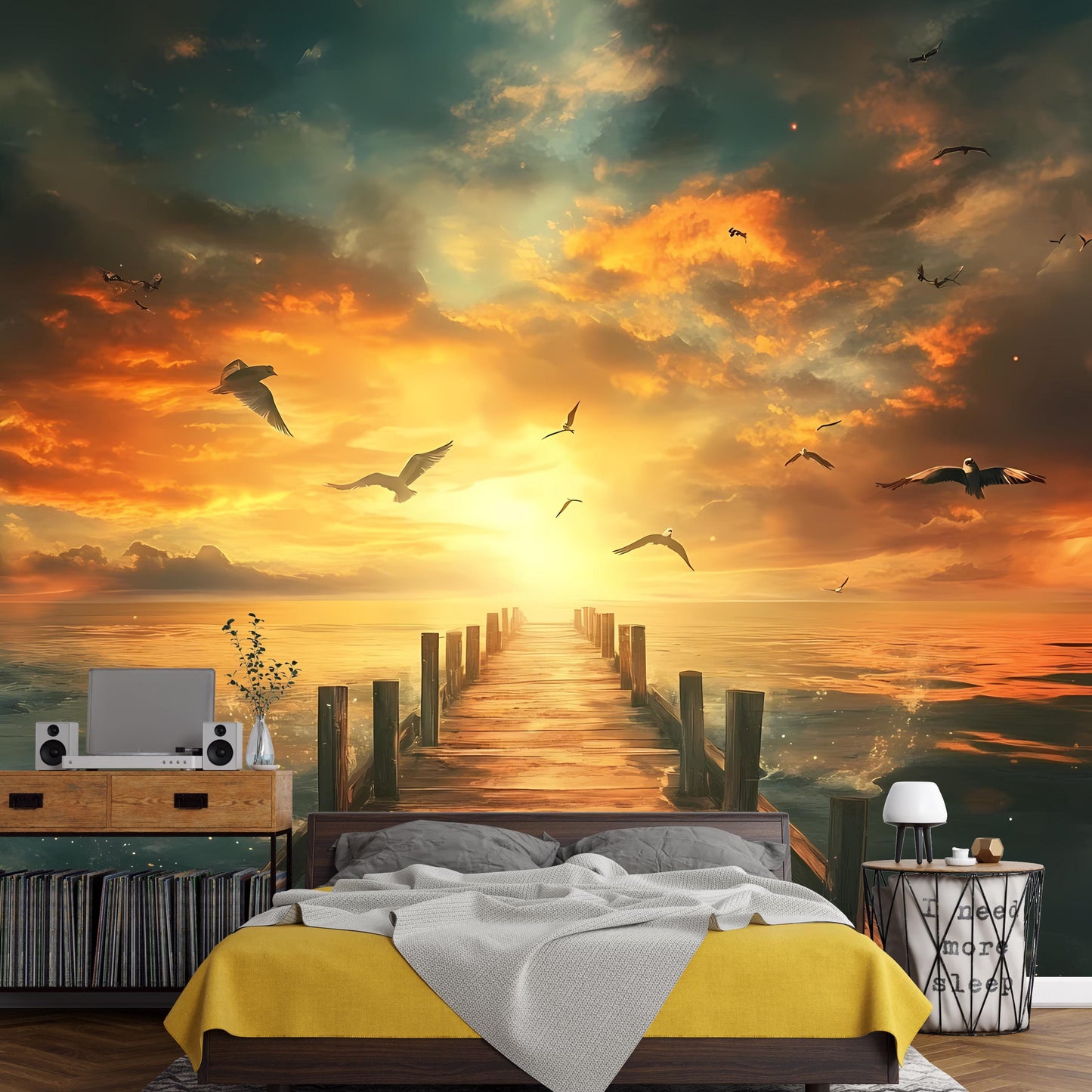 Ocean Sunset Wall Mural – Pier Dock Seascape with Birds – Beach Sunset Wall Art – Large Seaside Wall Decor Vn013