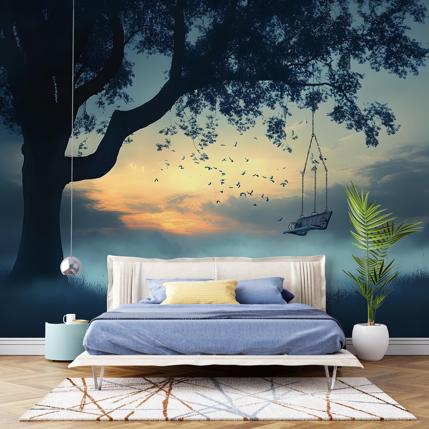 Tree Swing Sunset Wall Mural – Serene Forest Bedroom Wallpaper, Nature Landscape Art for Modern Home Decor Vn097