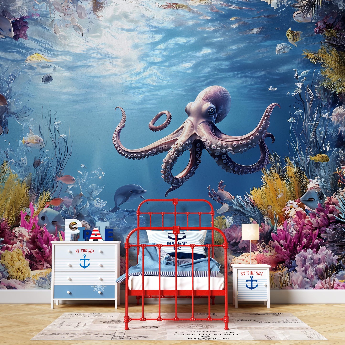 Underwater Ocean Wall Mural for Kids Room – Octopus & Sea Life Scene – Colorful Sea Nursery Wallpaper Vn010