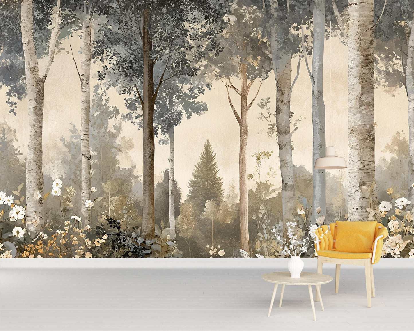 Forest Wall Mural – Neutral Tree Wallpaper, Scandinavian Nature Wall Art, Large Woodland Removable Mural Vn248