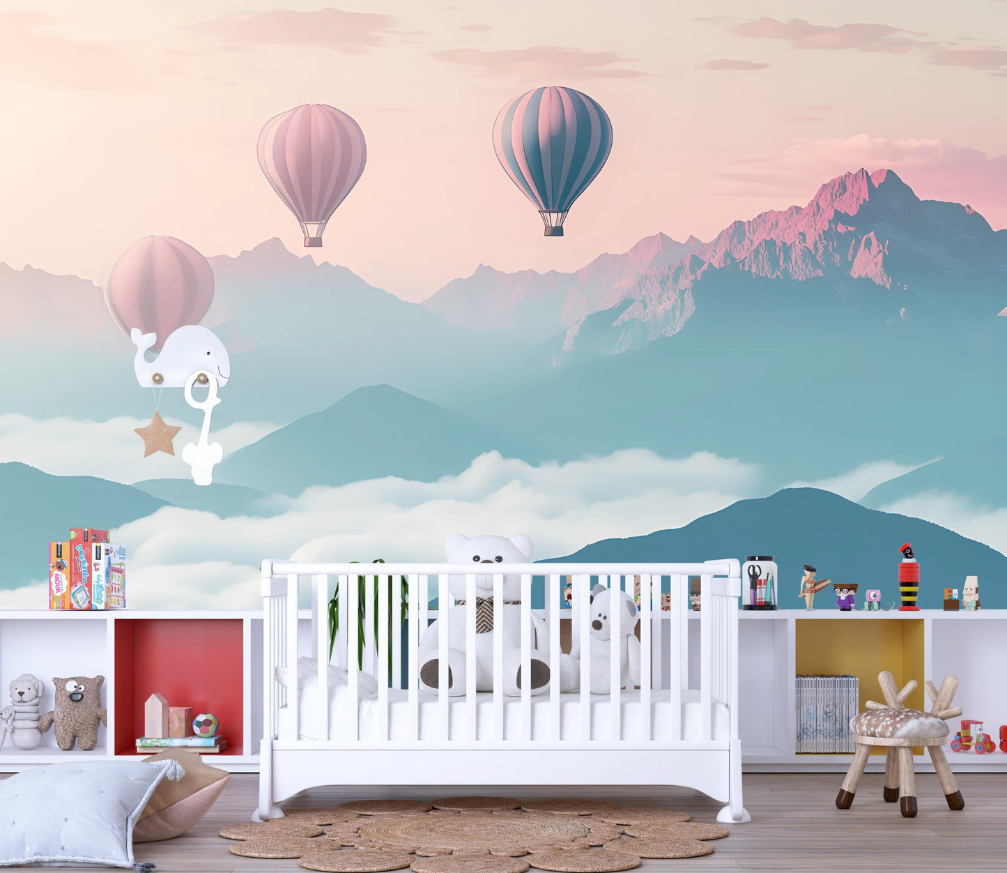 Hot Air Balloon Wall Mural for Kids Room | Pastel Mountain Nursery Wallpaper Vn380