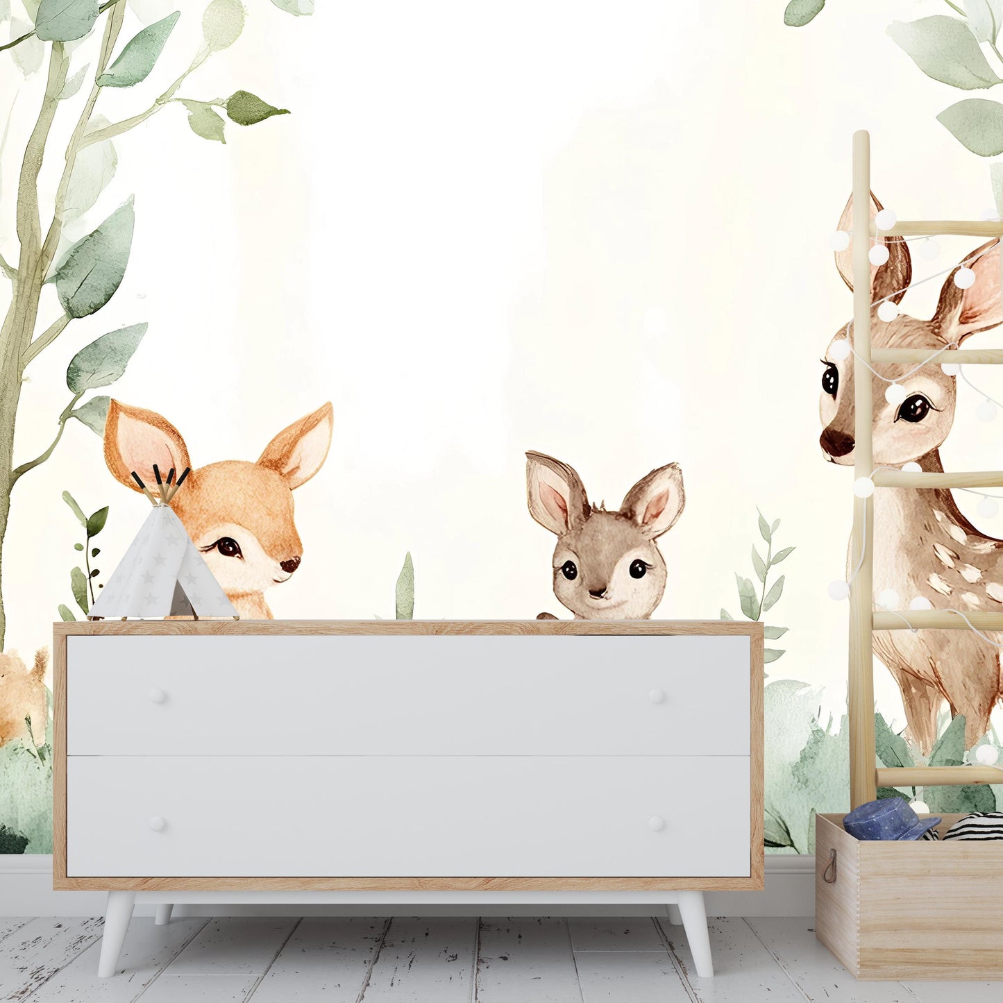 Woodland Animal Nursery Wall Mural – Deer & Bunny Forest Wallpaper – Baby Room Decor – Removable Kids Wall Art Vn 296