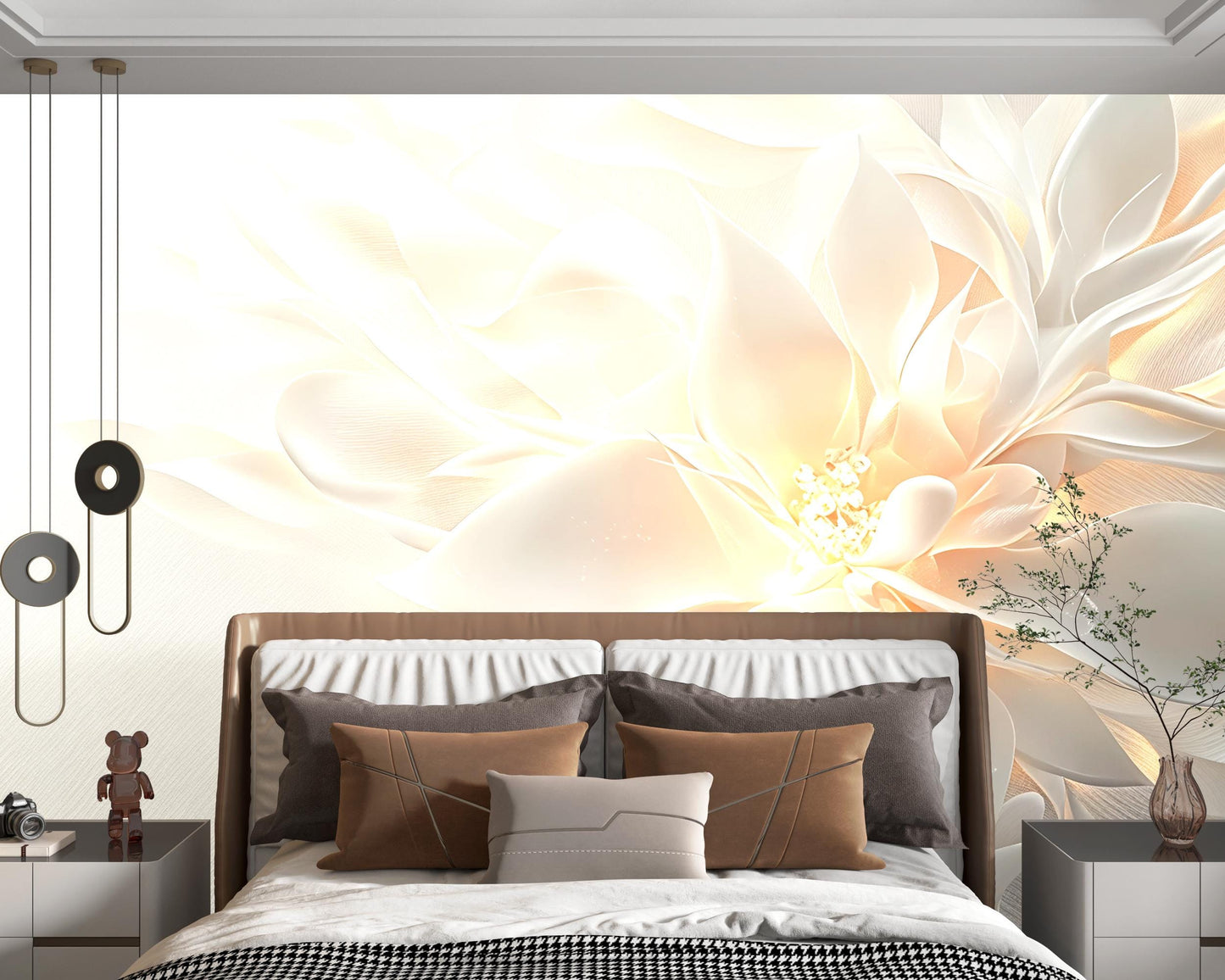 Floral Wall Mural Bedroom Decor – Soft Neutral Flower Wallpaper for Modern Interior, Elegant Wall Art for Bedroom or Living Room Vn266